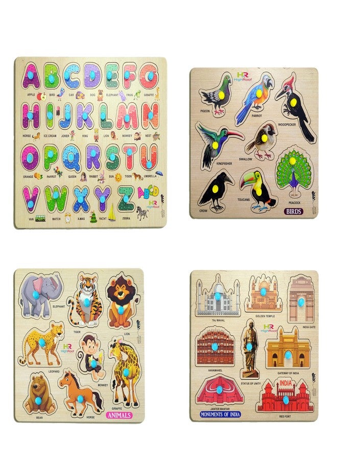 HIGHROOF® Kids Fort Pre Nursery Educational Jigsaw Puzzles for Adults Kids Learning Toys Kit Board Game 4 pcs Set of ABCD Alphabets Birds Animals & Monuments of India Educational Toy - Image 1